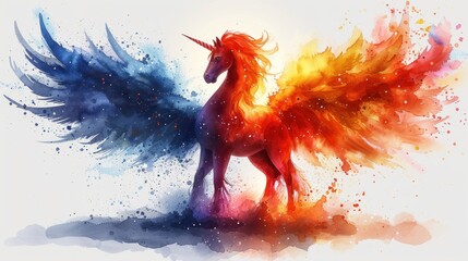  a watercolor painting of a unicorn with wings on it's back and wings on its back, with a splash of paint all over the top of its body.