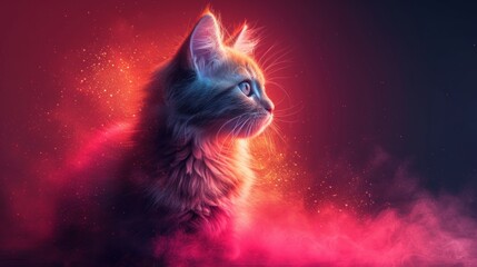  a close up of a cat's face with pink and blue smoke and stars in the background and a red and blue sky in the middle of the foreground.