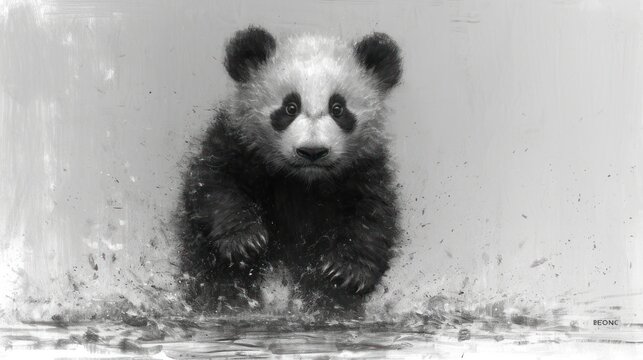  a black and white photo of a baby panda bear in a water pool with splashes of water on it's face and a white wall behind it is a black and white background.
