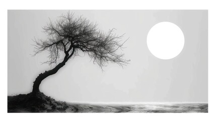  a black and white photo of a tree with a full moon in the sky in the background and a black and white photo of a tree in the foreground.