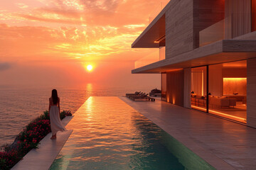 modern large villa overlooking the ocean with woman seen from the back wearing a beautiful long fitted summer dress as she looks out over the sea with a setting sun