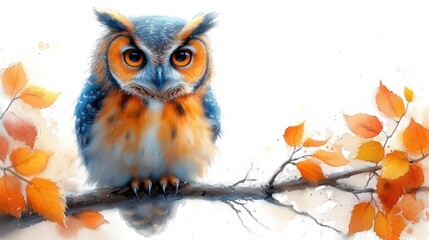  a painting of an owl sitting on a branch of a tree with orange and blue leaves in the foreground and a white background with orange and yellow leaves in the foreground.