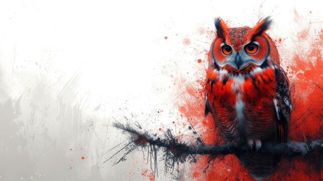  a painting of an owl sitting on a branch with red paint splatters all over it's body and a white back ground behind it is a white background.