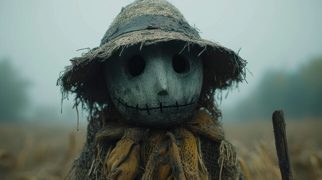  a scarecrow wearing a straw hat and holding a stick in a field of tall grass with fog in the sky in the background and fog in the foreground.