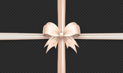 Template of white realistic 3d bow knot with crossed ribbon on transparent background. Cute pastel three dimensional criss cross tied gift bow with silk tape  for present wrapping or greeting postcard - obrazy, fototapety, plakaty