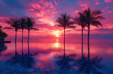 the swimming pool under palm trees at sunset