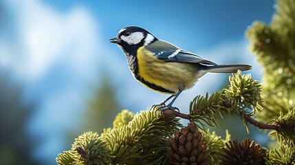 tit sitting on a spruce branch with a pine cone - obrazy, fototapety, plakaty