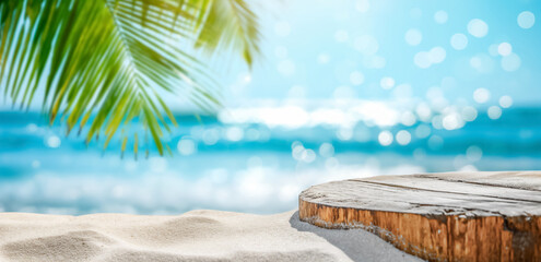 Summer product display on wooden podium at sea bokeh tropical beach. sandy beach with Palm trees and turquoise sea background, close up. Vacation concept - obrazy, fototapety, plakaty