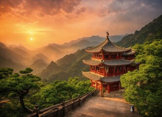 Obraz premium Beautiful view of the eastern mountains, and a Chinese-style house from above. Spring