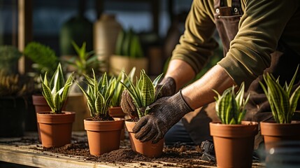 A florist girl in gloves on a table transplants a sansevieria futura superba flower at home. Sprinkle the flower in a pot with earth.