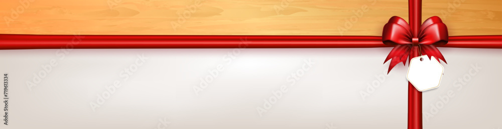 Wall mural header with 3d red bow with crossed silk ribbons and paper label tag on white background with copy s