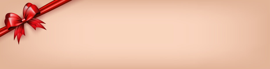 Beige panoramic banner, header with red realistic 3d bow and empty space for text. Three dimensional silk bow in the corner with ribbon as frame for greeting card or gift box for holidays celebration