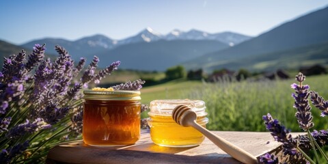Lavender honey and honeycombs in a jar, scoop, and bowl on a wooden table, with a scenic mountain landscape and lavender field in the background, showcasing bee products. - obrazy, fototapety, plakaty