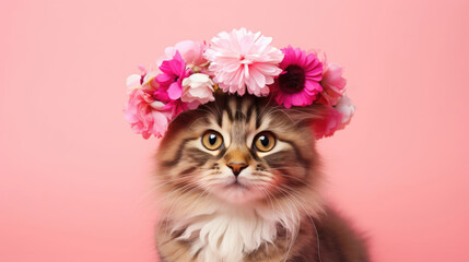 Tabby cat with pink flowers wreath on her head, pink background