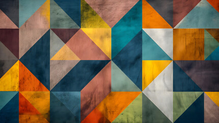 Geometric patterns with vibrant colors on a wooden canvas