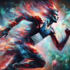 Abstract illustration of a sprinter, runner running with cosmic energy trails. - obrazy, fototapety, plakaty