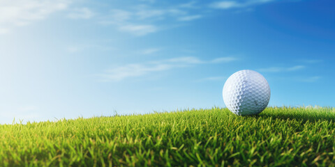 Close-up of golf ball on green grass of golf course, sunny day, blurred backdrop