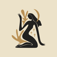 Sacred woman in Matisse style, meditating magic Reiki silhouette drawing, Bali moon wild young girl moon child.