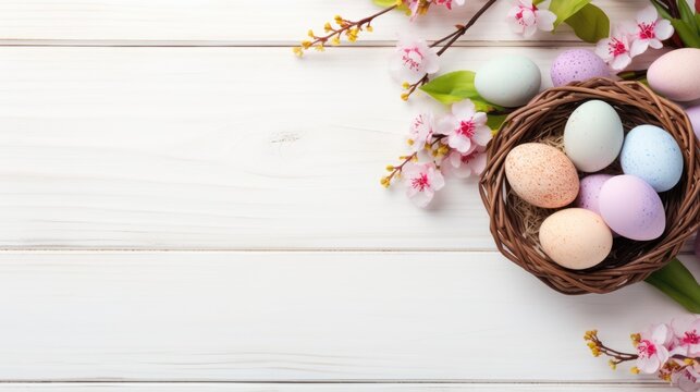 Easter basket with eggs and spring flowers on a white wooden background, a nest with painted eggs. Festive background, greeting card.happy Easter. Easter background with space to copy.