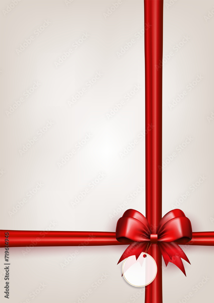 Wall mural 3d red bow with horizontal and vertical silk ribbons and paper label tag on white background with co