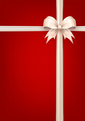 Template of red vertical banner with realistic 3d white bow knot with crossed ribbons. Poster with beige criss-cross tied bow with silk tape as gift wrapping element or present decoration for holidays