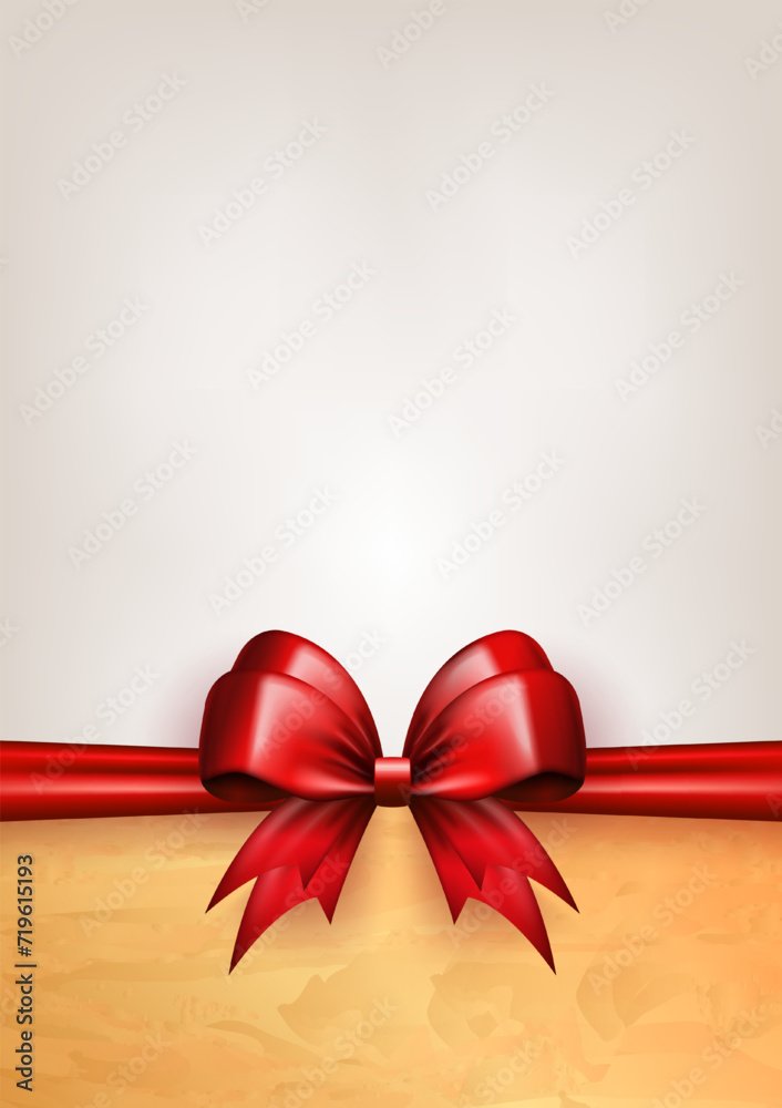 Wall mural template of empty card with red realistic 3d bow with silk horizontal ribbon, golden frame border on