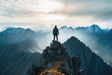 A silhouette of a man on top of a mountain peak during sunrise or sunset
