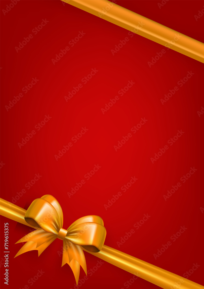 Wall mural red vertical banner with golden realistic 3d bow and empty space for text. three dimensional silk ye