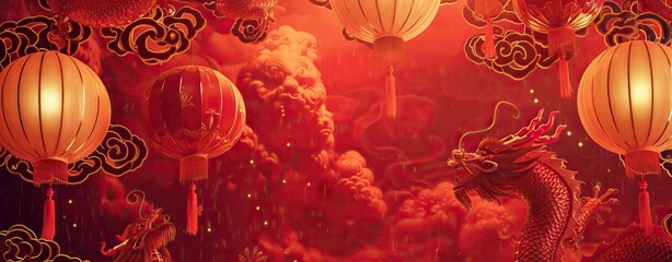 Happy Chinese new year background . Year of the dragon design wallpaper with Chinese hanging lantern, gold texture. AI generated illustration