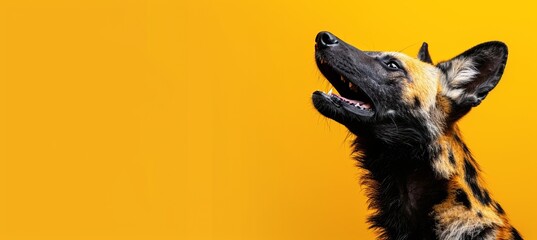 Close up portrait of a howling wild dog with copy space for text placement in natural environment