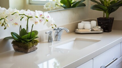 Contemporary white sink and faucet in modern bathroom interior design with elegant decor