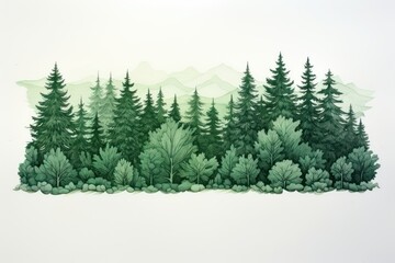 Fototapeta na wymiar Minimal pen illustration sketch forest green & white drawing of an ocean