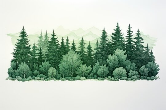 Minimal pen illustration sketch forest green & white drawing of an ocean
