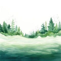 Minimal pen illustration sketch forest green & white drawing of an ocean