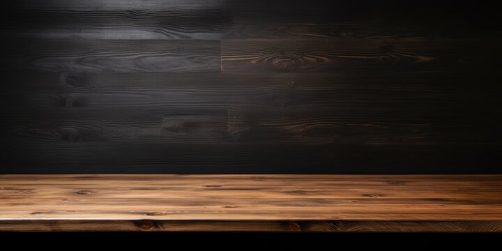 Versatile wooden table on black wallpaper for various purposes, including your imagination.