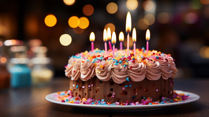Colored birthday cake with different colored candles. Colored lights and confetti