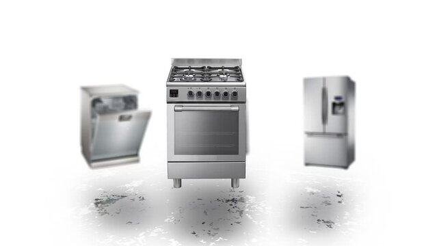 Animated rotation of washing machine, refrigerator, oven and dishwasher. Sales of technology products and e-commerce shopping.