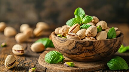 Fototapeta na wymiar Healthy and delicious pistachio nuts in a wooden bowl on a rustic table a nutritious snack option