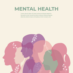 Mental health banner.Vector illustration with silhouettes of people and space for text.