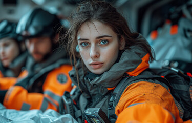 Staff in an ambulance working. A diverse group of individuals wearing orange jackets and helmets standing united.