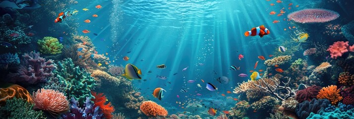 Beautiful underwater coral reef scenery with anemone and fishes