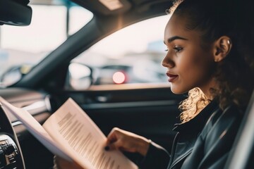 A young lady perusing a car loan agreement at a dealership - obrazy, fototapety, plakaty