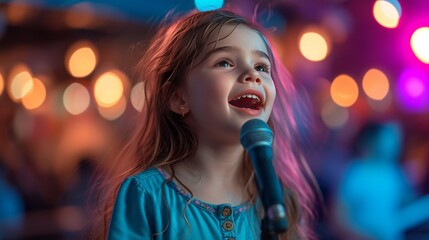 happy beautiful girl sings in karaoke, blurred background with copy space