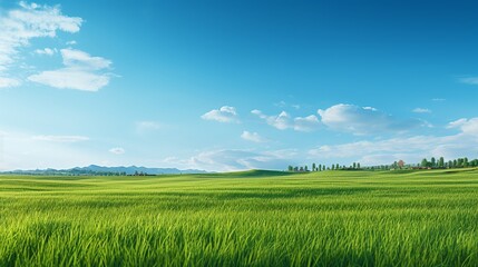 Fototapeta na wymiar green grass field and bright blue sky