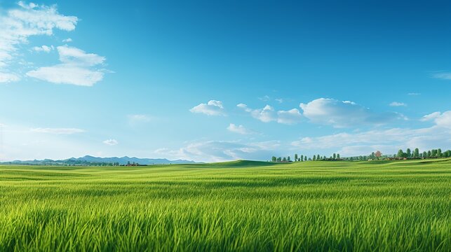 green grass field and bright blue sky