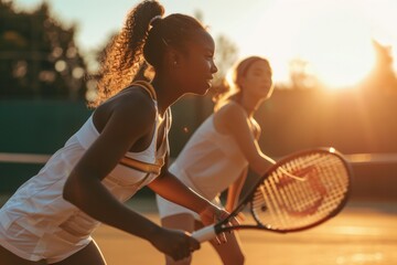 Two athletic young women playing tennis in the sunshine