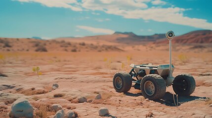 Android robot explorer in the desert, future technology