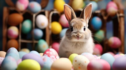 A cute Easter bunny among the colored Easter eggs. One funny, fluffy rabbit and many colorful eggs. Easter holiday.