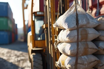 A forklift moving a bag of sugar for export into a container