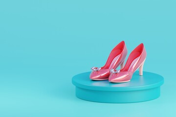 3d shopping sale promotion banner. High heels on a round podium with an empty blue background